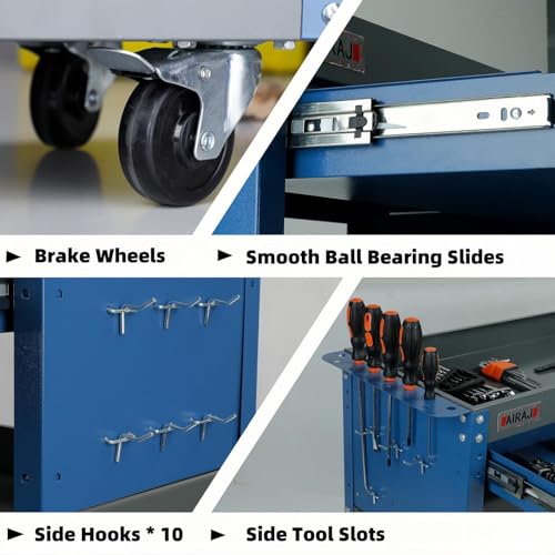 Tool Cart,440LBS Service Cart,4-Tier Tool Cart on Drawers,Hooks,Parts Box and Locking System for Warehouse,Garage,Workshop - size: Blue