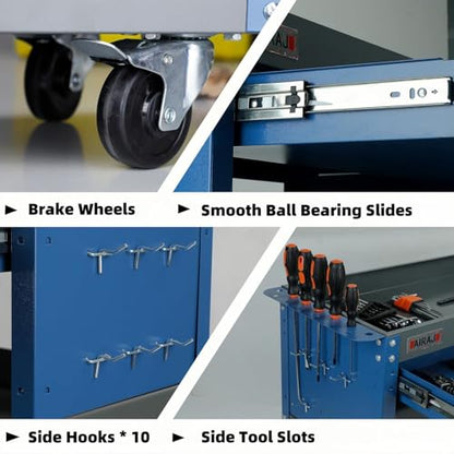 Tool Cart,440LBS Service Cart,4-Tier Tool Cart on Drawers,Hooks,Parts Box and Locking System for Warehouse,Garage,Workshop - size: Blue