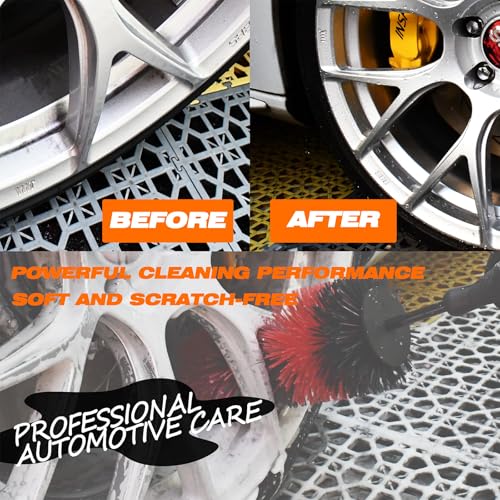 Wheel Brush and Car Wash Mitts Set, 3 PCS Car Cleaning Kit, 17 Inch Soft Bristle Wheel Cleaner Brush with 2 Microfiber car Wash Mitts, Scratch-Free Rim Tire Detailing Brush for Wheels, Tires, Rims