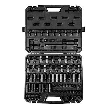 VEVOR Impact Socket Set 3/8" Drive, 90 PCS, CR-MO, SAE 1/4"-3/4" Metric 6-19mm, with Shallow & Deep Sockets, Swivel & E-Torx & Bit socket Sockets, Extension Bars, Adapters, Universal Joint - style: 3/8" 90PCS Swivel CR-MO