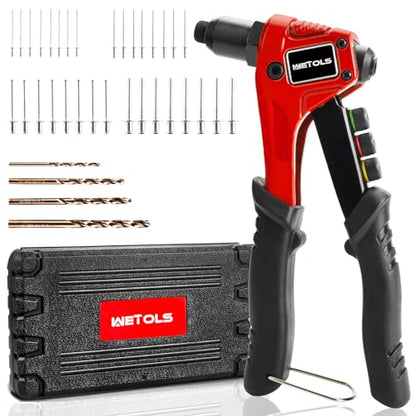WETOLS Pop Rivet Gun Kit with 200 Blind Rivets,Upgraded Pop Rivet Tool Kit | Manual Single Hand Riveter with 4 Tool-Free Interchangeable Rivet Heads, 4 Drill Bits and Sturdy BMC Carrying Case - size: Regular Rivet Gun