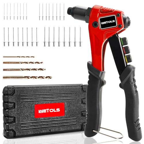 WETOLS Pop Rivet Gun Kit with 200 Blind Rivets,Upgraded Pop Rivet Tool Kit | Manual Single Hand Riveter with 4 Tool-Free Interchangeable Rivet Heads, 4 Drill Bits and Sturdy BMC Carrying Case - size: Regular Rivet Gun