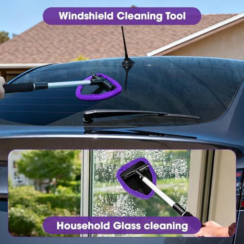 Purple Windshield Cleaner Tool, Car Interior Cleaning Kit with Extendable Handle and 3 Reusable Microfiber Pads, Auto Glass Wiper and Detailing Brush Kit for Car & Home Window - color: Purple