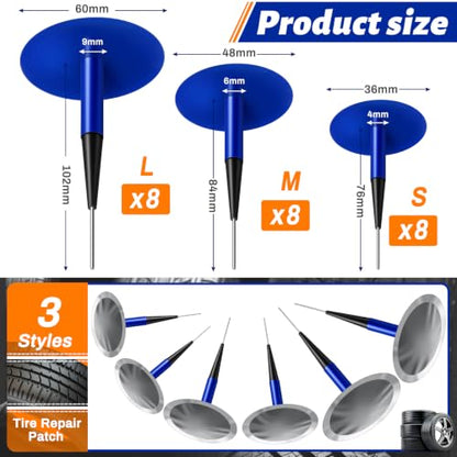 Frienda 24 Pcs Tire Repair Patch Plug 1/6" x 1 3/8", 1/4" x 1 3/4" and 3/8" x 2 3/8" Dipped Stem Rubber Tire Repair Patch Mushroom Plug Kit Rubber for Vehicle Car Motorcycle Bicycle Truck Bus - size: 1/6" x 1 3/8", 1/4" x 1 3/4" and 3/8" x 2 3/8"
