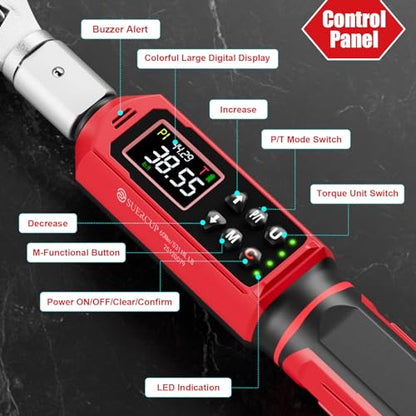 SUERCUP 9x12 mm Adjustable Digital Torque Wrench, 0.66-44.29Ft.Lb/0.9-60N.m | Interchangeable Open End Head 42mm Jaw & 3/8" Ratchet, Vibration/Buzzer/LED Alert, for Split AC, HVAC, Bike & Moto Repair - size: 0.66-44.29Ft.Lb/0.9-60N.m(9x12 mm)