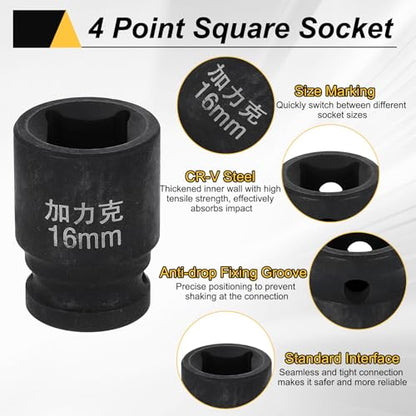 HARFINGTON 3pcs 4 Point Square Socket 1/2" Drive 16mm Metric Square Impact Socket CR-V Blackening Standard Wheel Sleeve Pneumatic Sleeve Tool for Auto Repair Mechanical Maintenance Home Use - size: 16mm