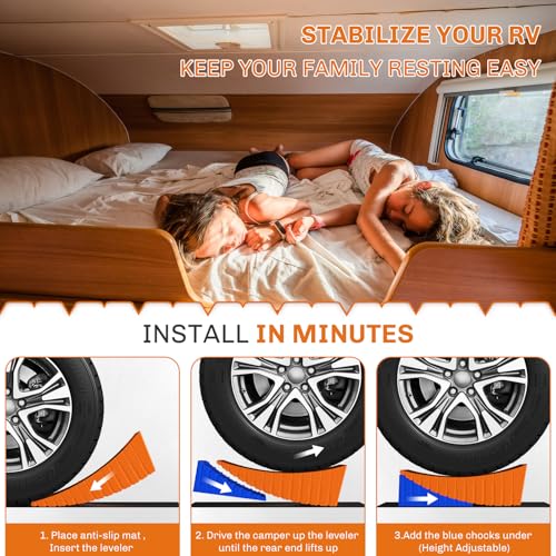 WELLUCK Camper Leveler, RV Leveling Blocks Camper Wheel Chocks Up to 35,000 lbs, 2 Packs Heavy Duty Curved RV Camper Leveler Kit with Anti-Slip Mats for Travel Trailer Easier & Faster Leveling