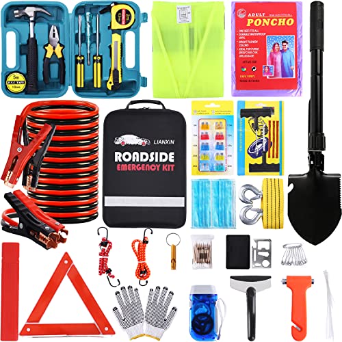Roadside Emergency Car Kit, Safety Car Kit,with Jumper Cables emergency kit | Emergency Roadside Kit for Car Warning Triangle,Folding Shovel, Safety Hammer, Tow Rope, Breakdowns for Emergency Kit Car - color: Black