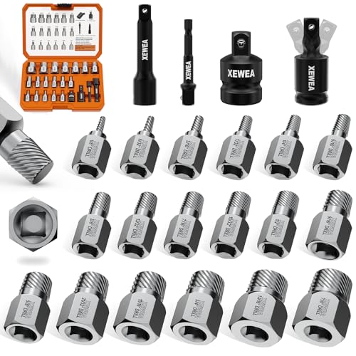 XEWEA 22PCS 3/8" Drive Screw Extractor Set, Bolt Remover Kit | Multi-Spline Easy Out for Stripped Broken Bolts, Nuts & Screws, Heavy-Duty CR-MO Extraction Tools with Extension & Adapter - size: 22PCS
