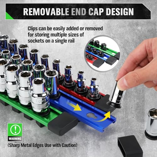 6-piece Socket Organizer Storage Set, 1/4-Inch, 3/8-Inch, 1/2-Inch Double Sided Aluminum Alloy Socket Holder Rail, Drive Socket Trays Holds 108 Sockets, 360° Swivel Clip Socket Holder Kit for Tool Box