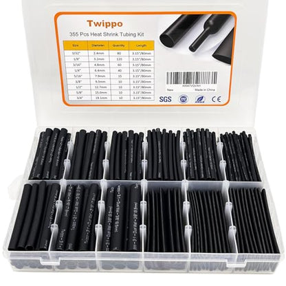 Heat Shrink Tubing Kit 355pcs - 3:1 Dual Wall Adhesive Lined - Electrical Waterproof Industrial Heat-Shrink Tubing Terminals- Marine Grade Wire Connector Shrink Wrap Tube - 3.15" Length - Black - size: 355pcs Black