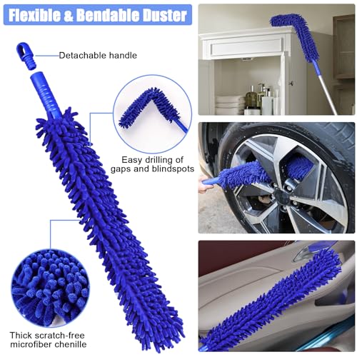 anngrowy 62" Microfiber Car Wash Brush with Long Handle, Car Washing Blue Set Mitt, Sponge, Car Cleaning Supplies Kit, Duster, Car Brush Accessories - color: Blue Set