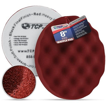TCP Global 8" Red Waffle Foam Buffing Pad Hook and Loop Backing - Extra Coarse Buffing Pad for Polishing, Automotive, Marine, Truck, RV & Compound Cutting, Car Polishing Pads - color: Red