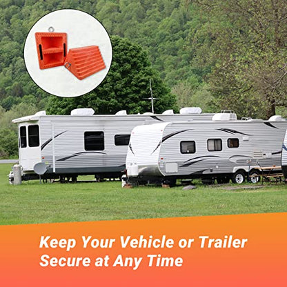 HOXWELL 2 Packs Wheel Chocks Heavy Duty Orange with Eyebolt, Vehicle Chock for Travel Trailers, Camper, Truck, Car and ATV, 9.1" Length x 7.1" Width x 5.5" Height - color: Orange-2 pcs