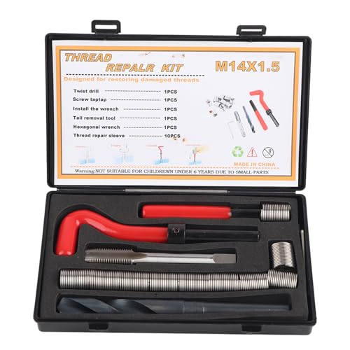 Thread Repair Kit M14x1.5 15 PCS Helicoil Insert Sleeves Stainless Steel Metric Female Thread Repairing Assortment Kit with Complete Tools for Auto and Machinery Repairing