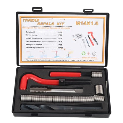 Thread Repair Kit M14x1.5 15 PCS Helicoil Insert Sleeves Stainless Steel Metric Female Thread Repairing Assortment Kit with Complete Tools for Auto and Machinery Repairing