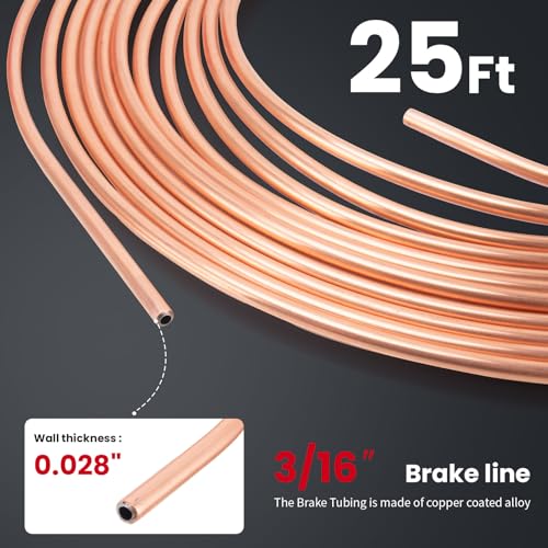 3/16" Brake Line Kit,25 ft 3/16 Copper Coated Brake Line Kit with 20 Fittings (4 Unions Included) + Double & Single Flaring Tool Kit, Rust & Corrosion Resistant for Automotive, Fuel,Hydraulic Systems