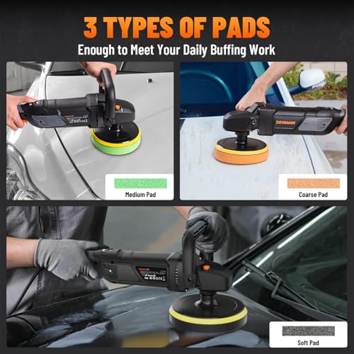 PLS03A Buffer Polisher Kit for Car, 12.5 Amp 6 Inch/7 Inch Rotary Car Polisher Waxer, 6 Variable Speed 1000-3000rpm, Detachable Handle, Car Polishing Machine for Car Detailing, Polishing and Waxing