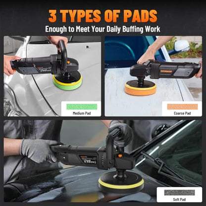 PLS03A Buffer Polisher Kit for Car, 12.5 Amp 6 Inch/7 Inch Rotary Car Polisher Waxer, 6 Variable Speed 1000-3000rpm, Detachable Handle, Car Polishing Machine for Car Detailing, Polishing and Waxing