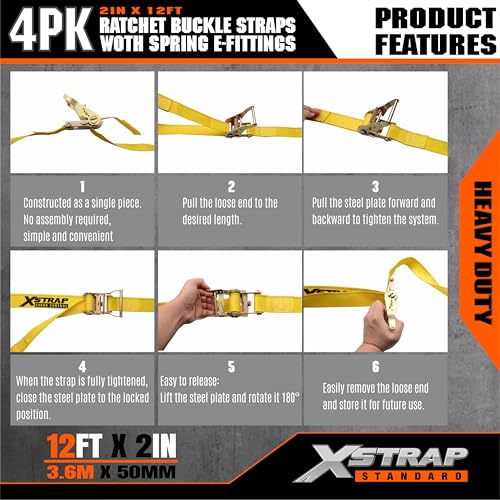 XSTRAP STANDARD 4-PK 2" x 12' E-Track Heavy Duty Ratchet Tie Down Straps | 4,400lbs Break Strength Cargo Securement Straps for Trailers, Trucks, Vans & Motorcycles with Spring Fittings (Yellow) - size: Yellow-4PK-12FT