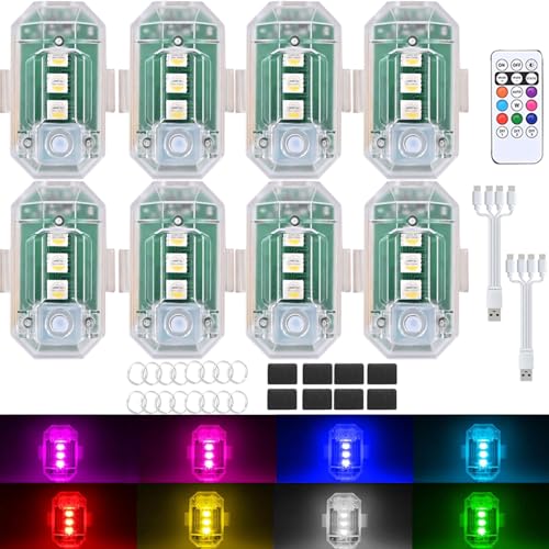 8PCS Wireless LED Strobe Lights with Remote Control, Upgraded to 350 mAh USB Rechargeable 8-Color High Brightness Waterproof Anti-Collision Warning Lights for Car, Motorcycle, Drone, Truck, Bike - color: 8 color - 8pcs