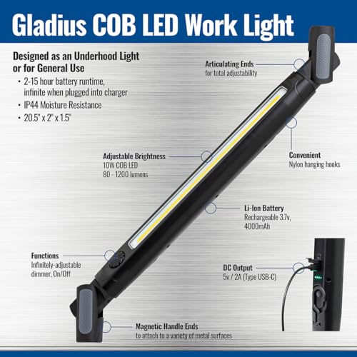 Eastwood Gladius COB LED Magnetic Underhood Work Light | 1200 Lumens Rechargeable and Adjustable Brightness Under Hood Light Bar | IP44 Moisture Resistant Mechanic Shop Lights | 2-15 Hours Runtime
