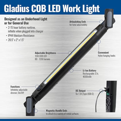 Eastwood Gladius COB LED Magnetic Underhood Work Light | 1200 Lumens Rechargeable and Adjustable Brightness Under Hood Light Bar | IP44 Moisture Resistant Mechanic Shop Lights | 2-15 Hours Runtime