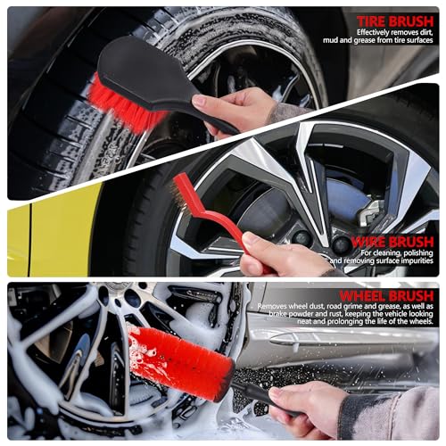 35Pcs Car Detailing Kit & Car Cleaning Kit, B：35PCS-R | Windshield Tool, Long Wheel Brush & 2 Angled Brushes, 4 Polishing Pads & 4 Wax Pads, Red Tool Box, Gift for Men