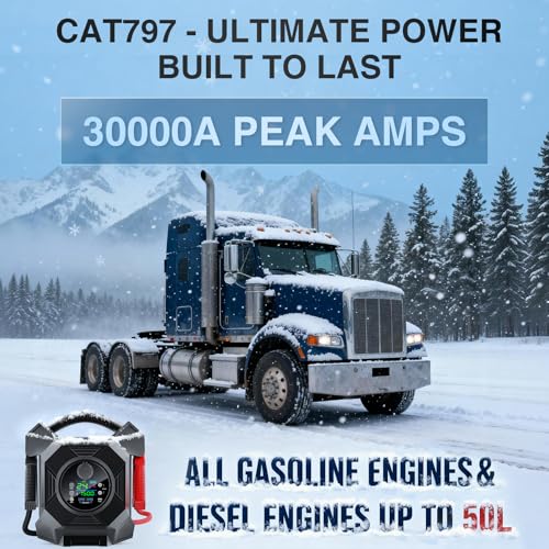 30000A 1S Startup Truck Jump Starter Heavy Duty,CAT797 12V/24V Smart Switching Lithium Battery Charger Booster Pack for Extreme -40°F to 140°F,for Diesel Engines Up to 50L and Gasoline Up to 99L - color: Black