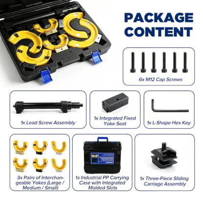 Heavy Duty On-Vehicle Strut Spring Compressor Kit for SUVs and Trucks | 4500kg/9921lbs cap, heat-treated steel ACME screw. 3 yoke pairs: 2.6"-8.3" OD. U-shaped fork for knuckle & ball joint work.