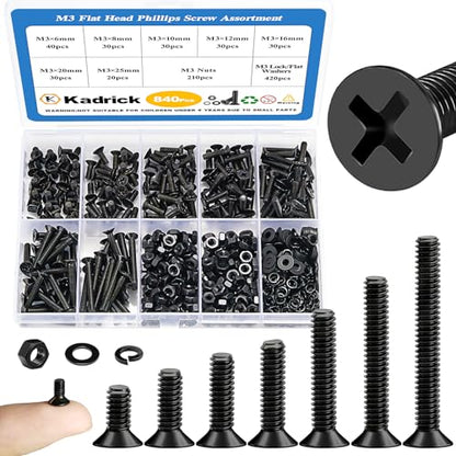 KADRICK 840Pcs M3 Countersunk Screws,M3 Flat Head Screws,Phillips Bolts Nuts Washers Assortment Kit,Zinc Plated,Lenth of 6MM-25MM - size: M3 840Pcs 6-25mm