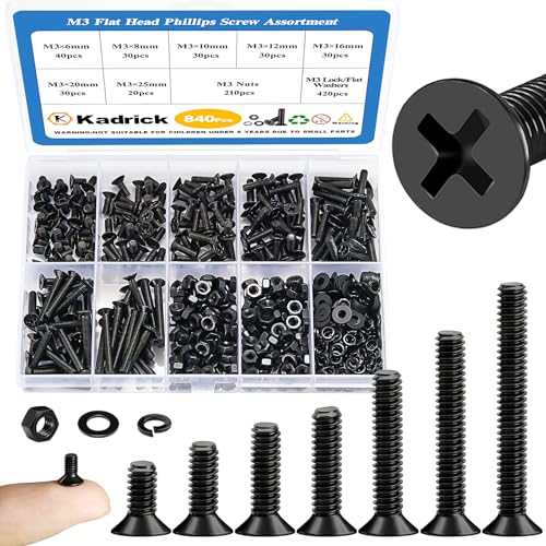 KADRICK 840Pcs M3 Countersunk Screws,M3 Flat Head Screws,Phillips Bolts Nuts Washers Assortment Kit,Zinc Plated,Lenth of 6MM-25MM - size: M3 840Pcs 6-25mm