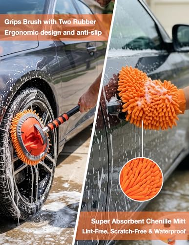 17ft Telescopic Pole with Car Wash Brush and Window Squeegee Kit, 3-12 ft Extension Pole, Bristles Wash Brush, Chenille Mop & Wash Mitt, Wheel Brush for Outdoor Cleaning Supplies for Roof, RV, Truck
