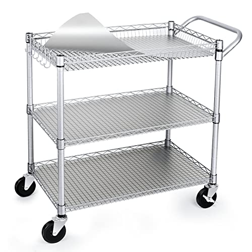 WDT 990Lbs Capacity Heavy Duty Rolling Utility Cart, NSF Rolling Carts with Wheels,Commercial Grade Metal Cart with Handle Bar & Shelf Liner,Trolley Serving Cart for Restaurant,Kitchen,Gray - color: Gray-3 Tier