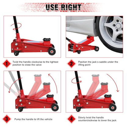 3 Ton Floor Jack (6600 lbs) - Heavy Duty Steel Low Profile Hydraulic Car Jack for Home Garage Use, Fast Lift Service Jack with Wheels, Lifting Range (Red - Large) - color: Red - Large