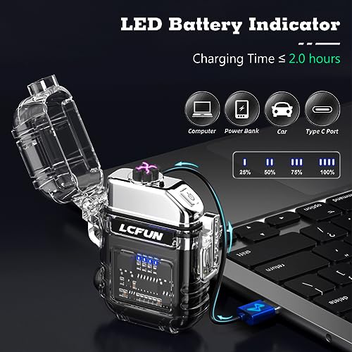 LcFun USB Rechargeable Electric Lighter, Windproof Plasma Dual Arc Lighters, Waterproof Flameless Lighter with Battery Display & Flashlight for Hiking, Camping Gear, Survival Kits - color: Black With Cob
