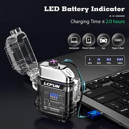 LcFun USB Rechargeable Electric Lighter, Windproof Plasma Dual Arc Lighters, Waterproof Flameless Lighter with Battery Display & Flashlight for Hiking, Camping Gear, Survival Kits - color: Black With Cob