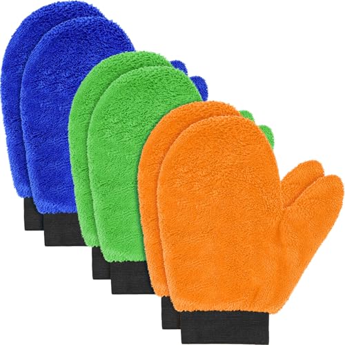 Teenyyou 6 Pcs Microfiber Dusting Mitt Car Wash Mitts Cleaning Glove with Thumb Reusable Terry Dusting Gloves with Elastic Wrist Cuff for Car Wheel Plants House Kitchen(Bright Color,9.84 x 7.87 Inch) - color: Bright Color, size: 9.84 x 7.87 Inch