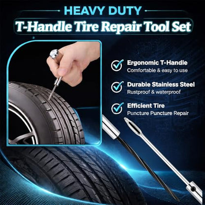 Auto Stainless Steel Solid T-Handle Set - Pro Heavy Duty Spiral Probe & Split Eye Needle Tire Repair Set for Tire Plug Kits & Patch/Fix Tire Plugs
