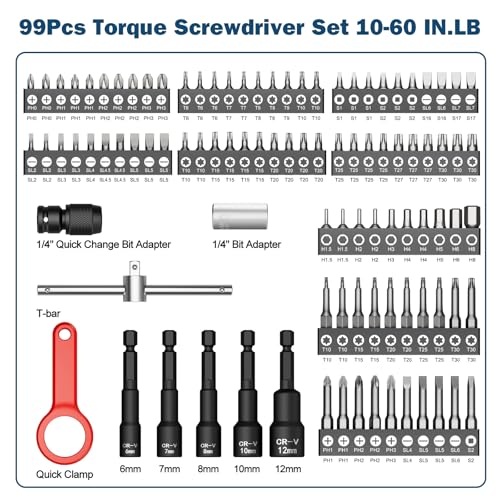 VANPO Torque Screwdriver Set 10-60 in-lb, 99-Piece Torque Driver Kit | with T-Bar & 1/4" Quick-Change Adapter, Adjustable for Scope Mounting, Bicycle & Electronics Maintenance - size: 10-60 in.lb