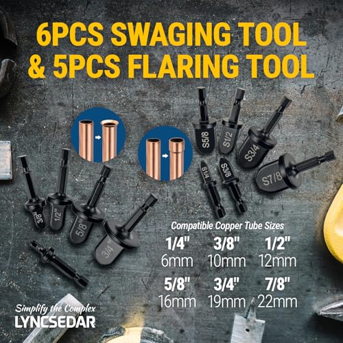 HVAC Copper Swaging Tool & Copper Flaring Tool Drill Bit Set, 11-Piece Black Soft Tube Expander, Carbon Steel, Swage & Flare for Electric Drill, Repair Kit for 1/4 3/8 1/2 5/8 3/4 7/8 Pipe