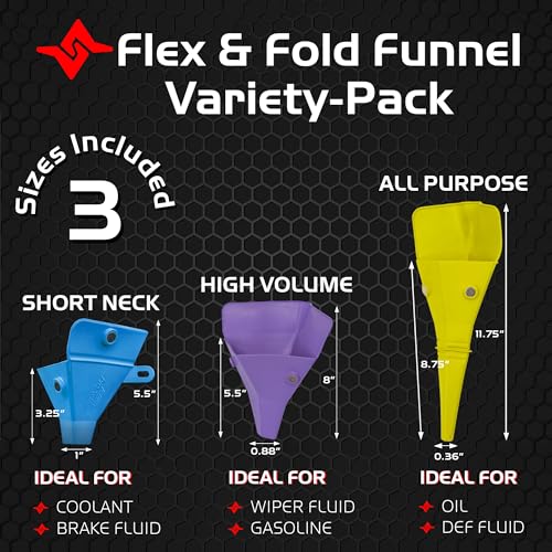 Caliber Flex & Fold Variety-Pack, Set of 3 Flexible Funnels for Automotive Use, 3 Sizes Suitable for a Variety of Fluids