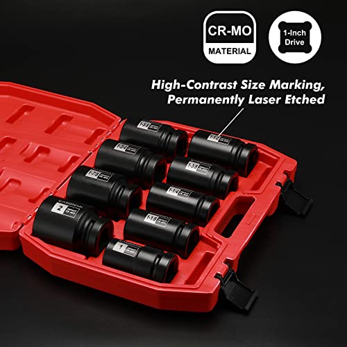 CASOMAN 1-Inch Drive Spindle Axle Nut Impact Socket Set, Deep, 1" to 2", 9PCS Impact Large Socket Set, 6-Point, SAE, CR-MO - size: 9 pcs (25.4 mm - 50.8 mm), style: Deep