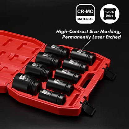CASOMAN 1-Inch Drive Spindle Axle Nut Impact Socket Set, Deep, 1" to 2", 9PCS Impact Large Socket Set, 6-Point, SAE, CR-MO - size: 9 pcs (25.4 mm - 50.8 mm), style: Deep