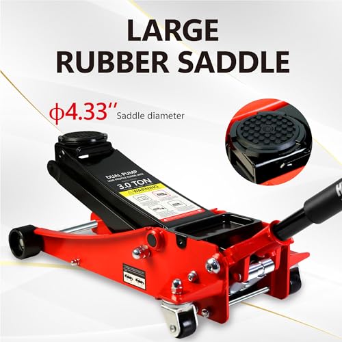 3T Low Profile Floor Jack, 6600 lb, Dual Pump, 3.3"-19.7", Red | Heavy-duty steel, dual-pump quick lift, ultra low profile, 3.3"-19.7" range, safety overload protection. - size: 3T Dual Pump 3.3"-19.7"(Red)