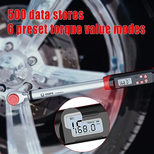 VANPO Digital Torque Wrench 1/2-Inch Drive 7.38-147.5ft-lbs/10-200NM, Dual-Direction Adjustable Electronic Torque Wrench with Preset Value, Buzzer and LED Flash Notification, for Bike Moto Car - size: 7.38-147.5 ft-lbs/10-200Nm