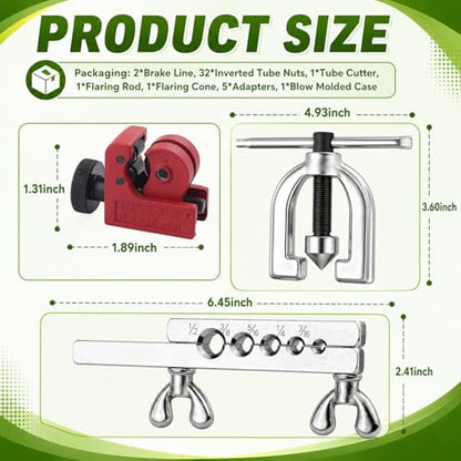 25Ft 1/4"& 3/16" Brake Line Kit,Single & Double Brake Line Flaring Tool Kit for Most Hydraulic Braking Systems,Brakes Lines Repair Kits with 32 Inverted Fittings + Cutter