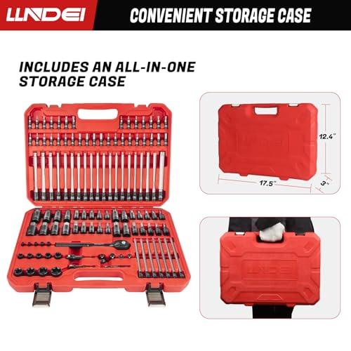 LLNDEI 115-Piece Torx & Allen Bit Socket Set, 1/4",3/8"and 1/2" Drive, Extra Long Torx//Tamper Proof Torx/Hex/Ball End Hex Socket Set, S2 Steel, SAE/Metric, with Ratchet Wrench & Adapters