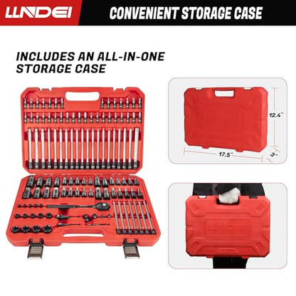 LLNDEI 115-Piece Torx & Allen Bit Socket Set, 1/4",3/8"and 1/2" Drive, Extra Long Torx//Tamper Proof Torx/Hex/Ball End Hex Socket Set, S2 Steel, SAE/Metric, with Ratchet Wrench & Adapters