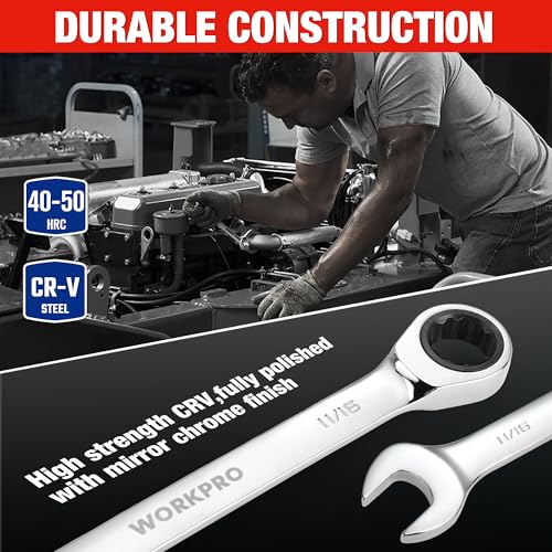 WORKPRO Ratcheting Wrench Set, SAE, 7-piece Ratcheting Combination Wrench Set, 5/16'', 3/8'', 7/16'', 1/2'', 9/16'', 5/8'', 18/16'', 12-Point, CR-V Steel, with Organizer Rack - size: 7-piece, style: SAE